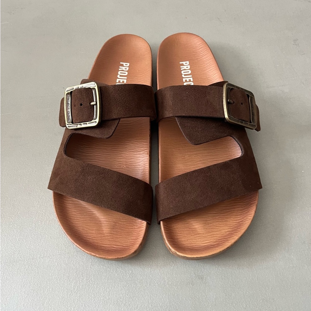 Project Sandals Women's Brown Suede Double-Strap Slide Sandals